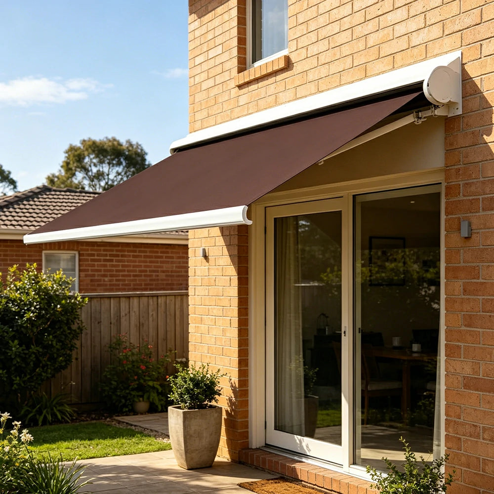 SOLARA Electric Retractable Awning White Frame Remote Control Waterproof Aluminium 300/400/500cm Patio Balcony Outdoor Use - Brown