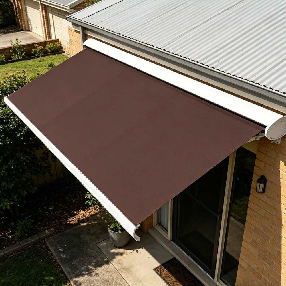 SOLARA Electric Retractable Awning White Frame Remote Control Waterproof Aluminium 300/400/500cm Patio Balcony Outdoor Use - Brown