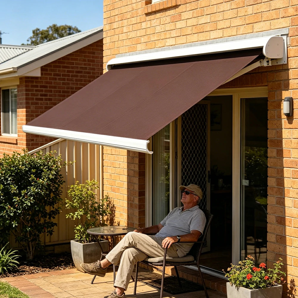 SOLARA Electric Retractable Awning White Frame Remote Control Waterproof Aluminium 300/400/500cm Patio Balcony Outdoor Use - Brown