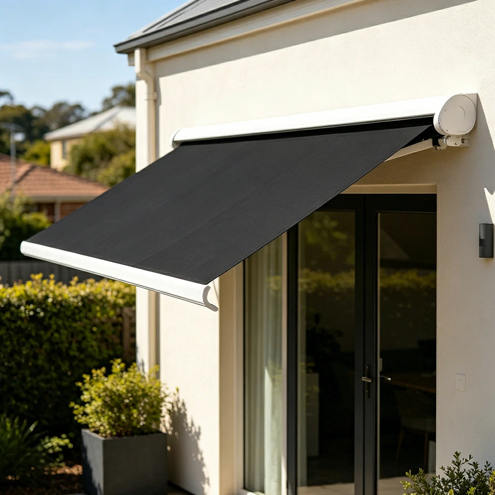 SOLARA Electric Retractable Awning White Frame Remote Control Waterproof Aluminium 300/400/500cm Patio Balcony Outdoor Use - Black