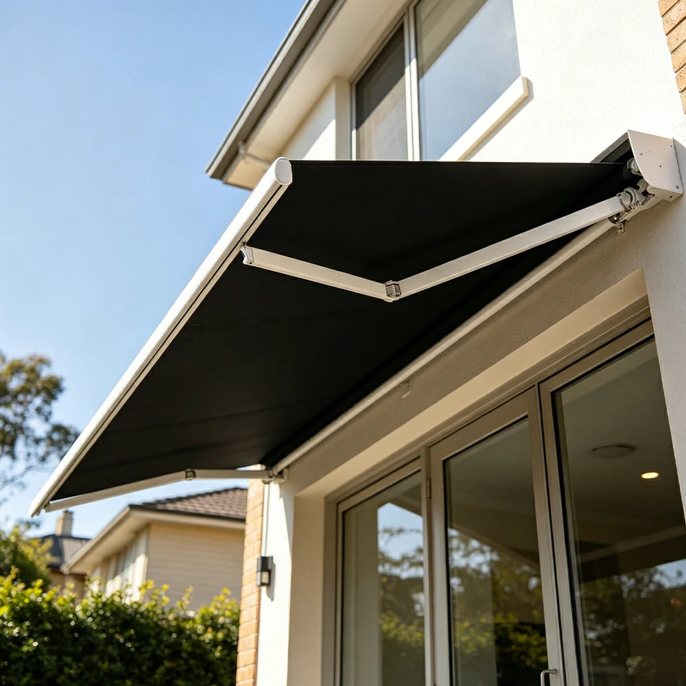 SOLARA Electric Retractable Awning White Frame Remote Control Waterproof Aluminium 300/400/500cm Patio Balcony Outdoor Use - Black
