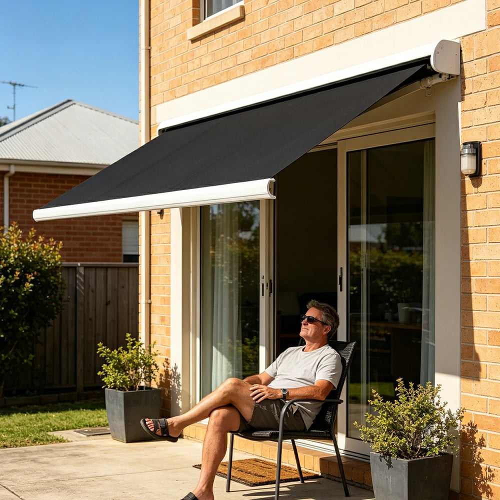 SOLARA Electric Retractable Awning White Frame Remote Control Waterproof Aluminium 300/400/500cm Patio Balcony Outdoor Use - Black