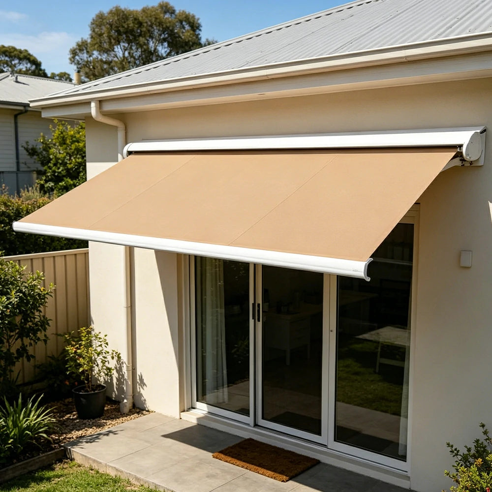 SOLARA Electric Retractable Awning White Frame Remote Control Waterproof Aluminium 300/400/500cm Patio Balcony Outdoor Use - Khaki