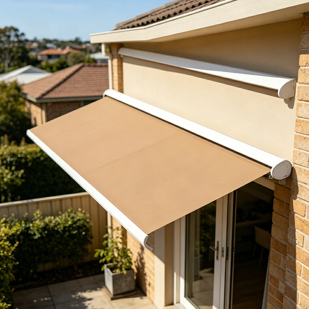 SOLARA Electric Retractable Awning White Frame Remote Control Waterproof Aluminium 300/400/500cm Patio Balcony Outdoor Use - Khaki