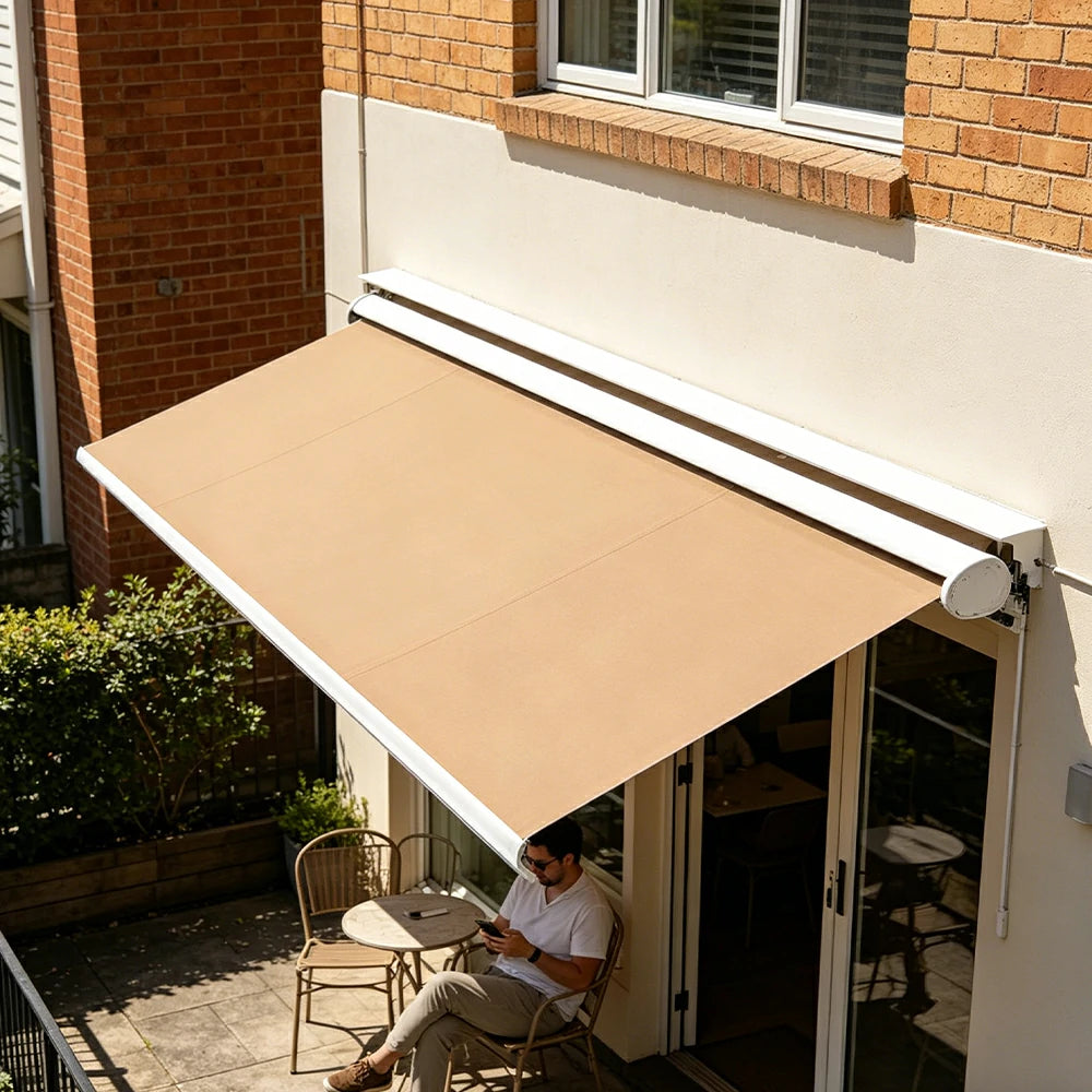 SOLARA Electric Retractable Awning White Frame Remote Control Waterproof Aluminium 300/400/500cm Patio Balcony Outdoor Use - Khaki