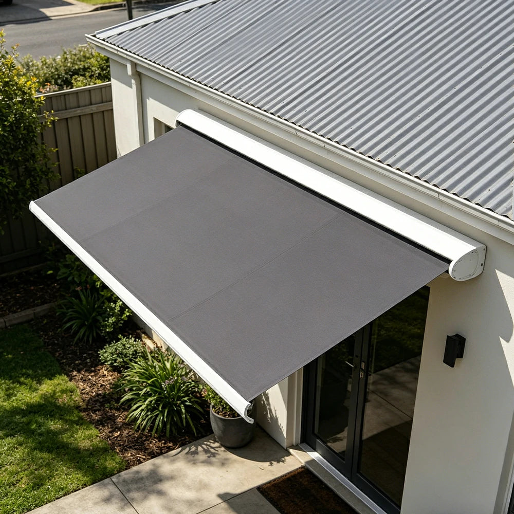 SOLARA Electric Retractable Awning White Frame Remote Control Waterproof Aluminium 300/400/500cm Patio Balcony Outdoor Use - Dark Grey