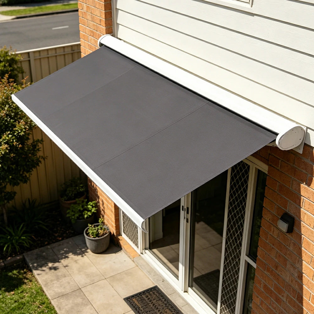 SOLARA Electric Retractable Awning White Frame Remote Control Waterproof Aluminium 300/400/500cm Patio Balcony Outdoor Use - Dark Grey