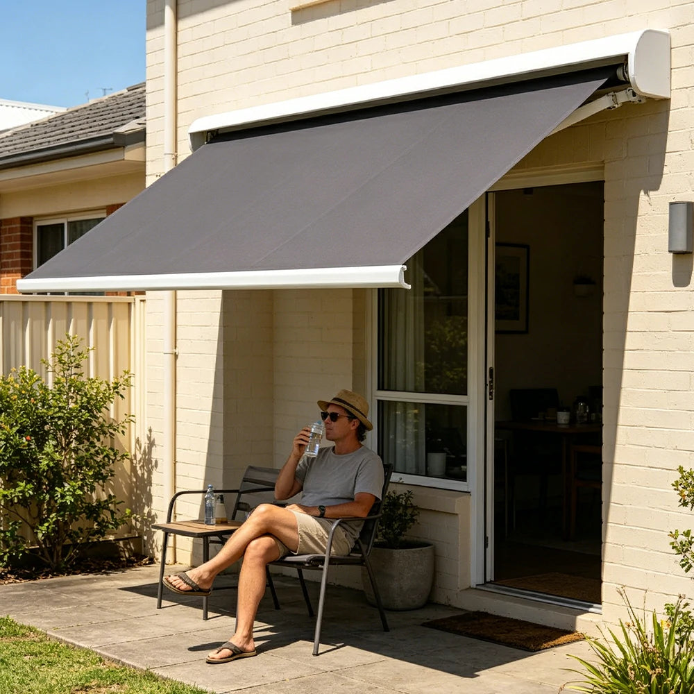 SOLARA Electric Retractable Awning White Frame Remote Control Waterproof Aluminium 300/400/500cm Patio Balcony Outdoor Use - Dark Grey