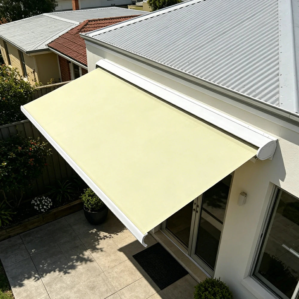 SOLARA Electric Retractable Awning White Frame Remote Control Waterproof Aluminium 300/400/500cm Patio Balcony Outdoor Use - Beige