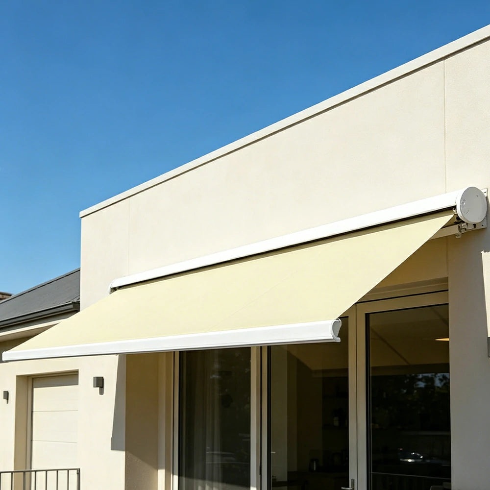 SOLARA Electric Retractable Awning White Frame Remote Control Waterproof Aluminium 300/400/500cm Patio Balcony Outdoor Use - Beige
