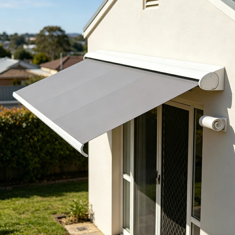 SOLARA Electric Retractable Awning White Frame Remote Control Waterproof Aluminium 300/400/500cm Patio Balcony Outdoor Use - Grey