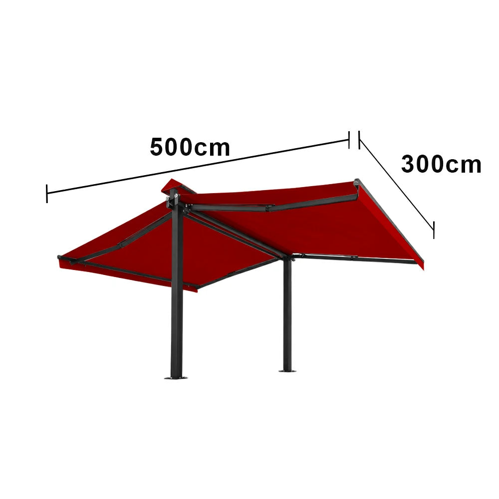 SOLARA Double Folding Awning Large Shade Waterproof Aluminium Frame 300/400/500cm Patio Cafe Backyard Use - Red