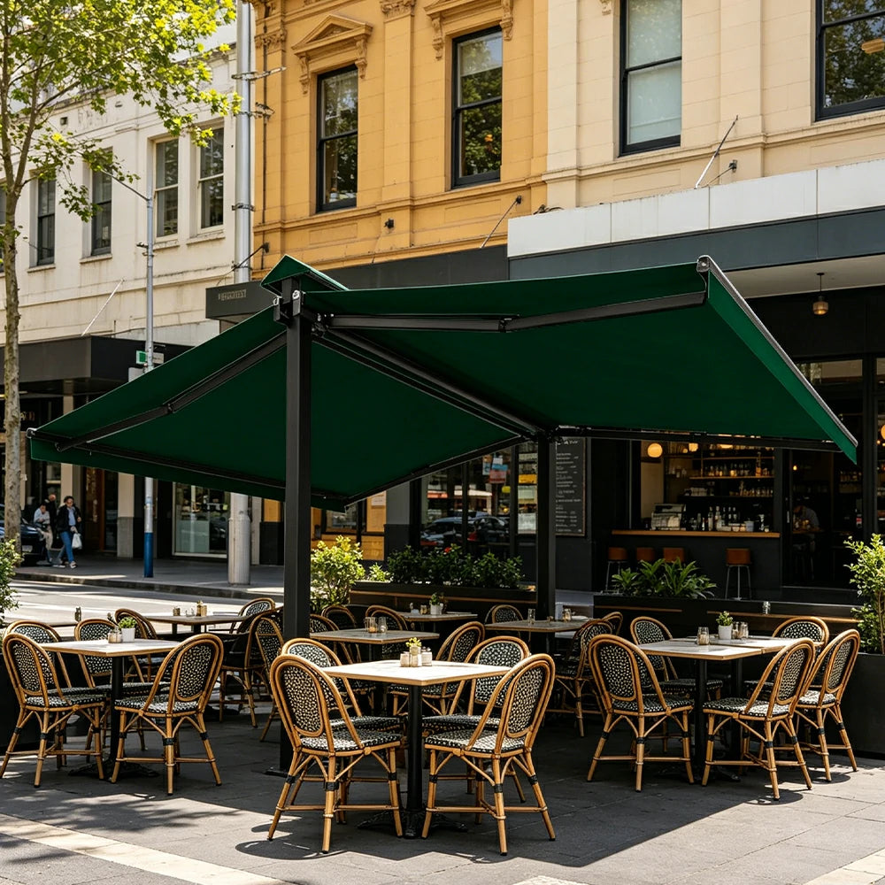SOLARA Double Folding Awning Large Shade Waterproof Aluminium Frame 300/400/500cm Patio Cafe Backyard Use - Dark Green