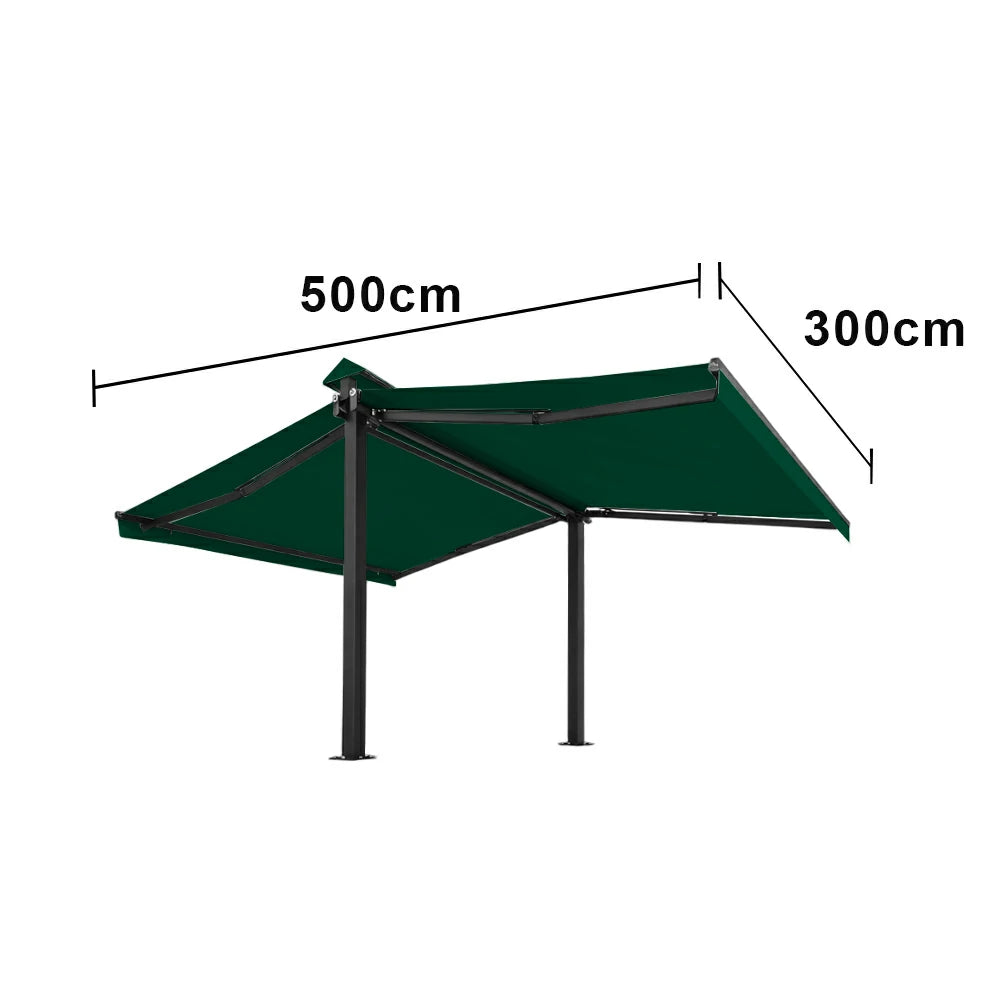 SOLARA Double Folding Awning Large Shade Waterproof Aluminium Frame 300/400/500cm Patio Cafe Backyard Use - Dark Green