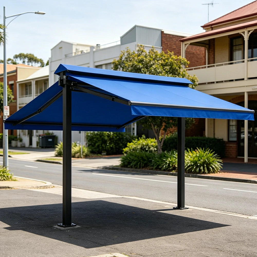 SOLARA Double Folding Awning Large Shade Waterproof Aluminium Frame 300/400/500cm Patio Cafe Backyard Use - Blue