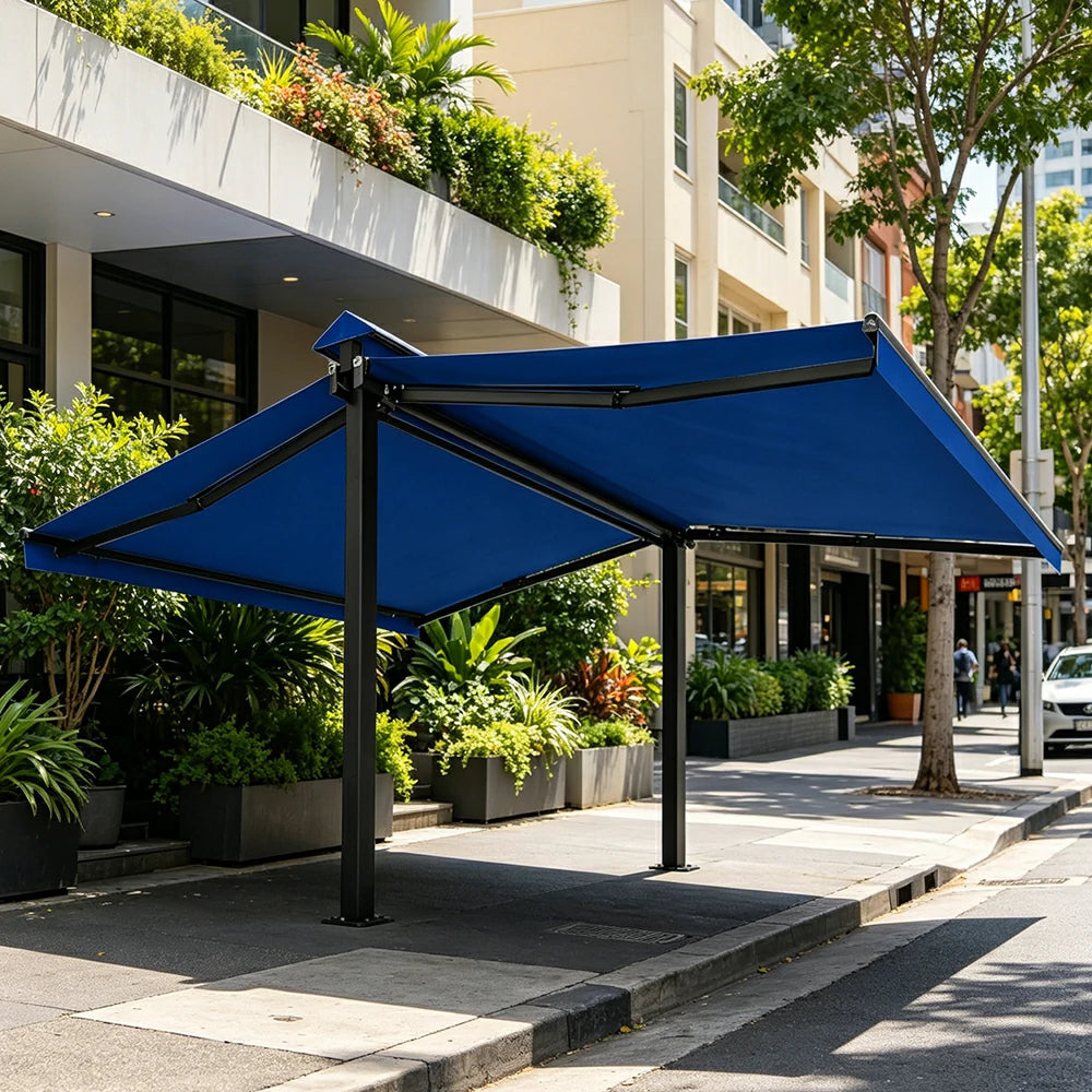 SOLARA Double Folding Awning Large Shade Waterproof Aluminium Frame 300/400/500cm Patio Cafe Backyard Use - Blue
