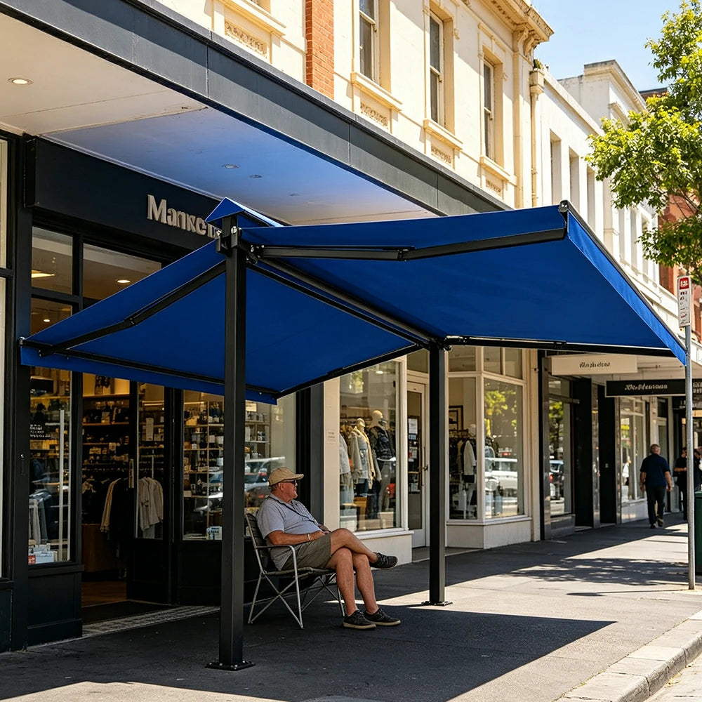 SOLARA Double Folding Awning Large Shade Waterproof Aluminium Frame 300/400/500cm Patio Cafe Backyard Use - Blue