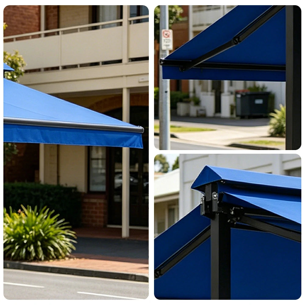 SOLARA Double Folding Awning Large Shade Waterproof Aluminium Frame 300/400/500cm Patio Cafe Backyard Use - Blue
