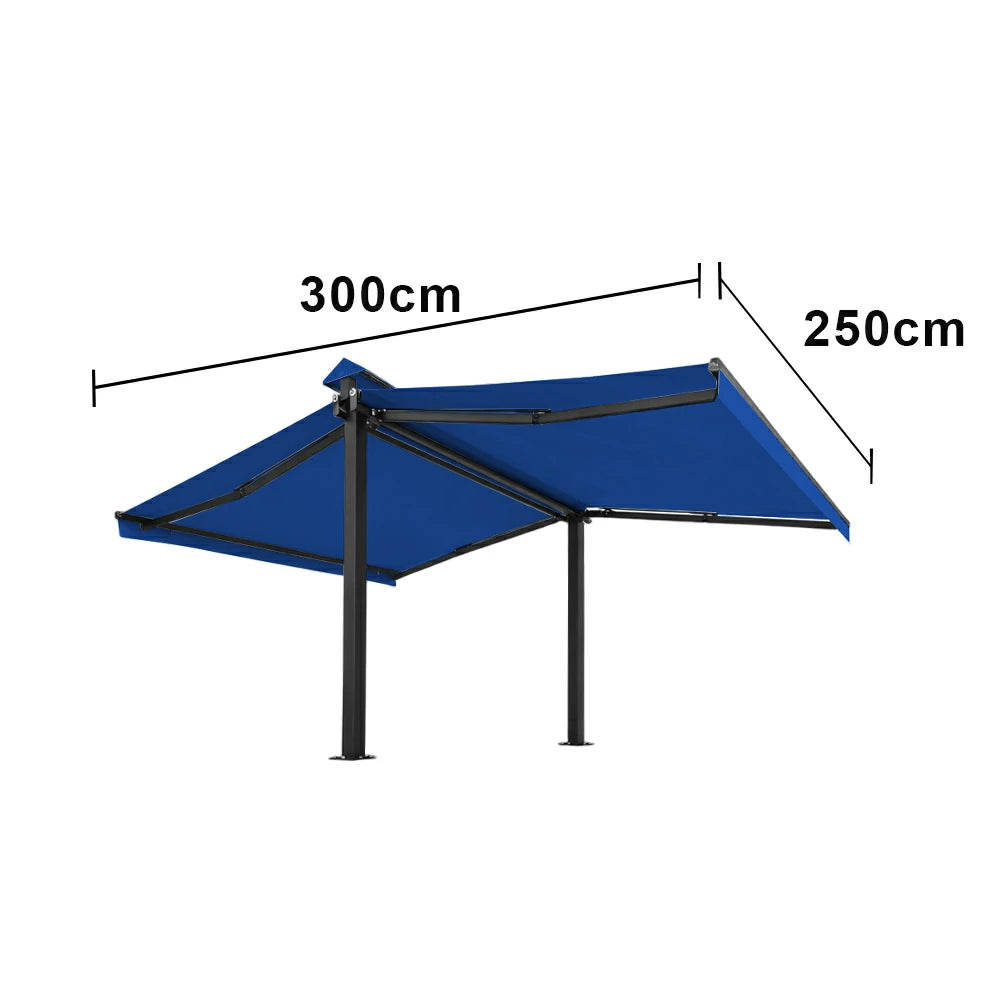 SOLARA Double Folding Awning Large Shade Waterproof Aluminium Frame 300/400/500cm Patio Cafe Backyard Use - Blue