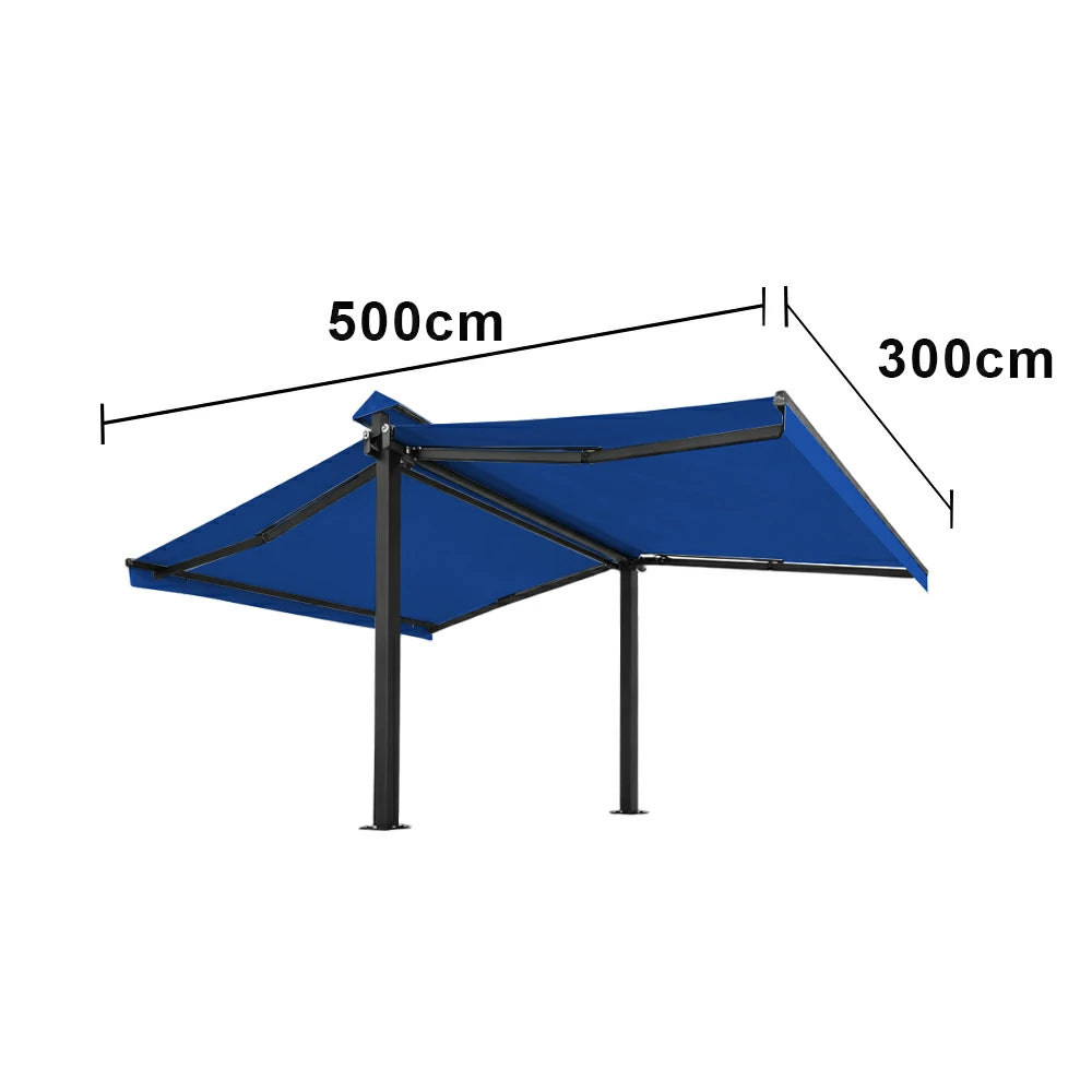SOLARA Double Folding Awning Large Shade Waterproof Aluminium Frame 300/400/500cm Patio Cafe Backyard Use - Blue