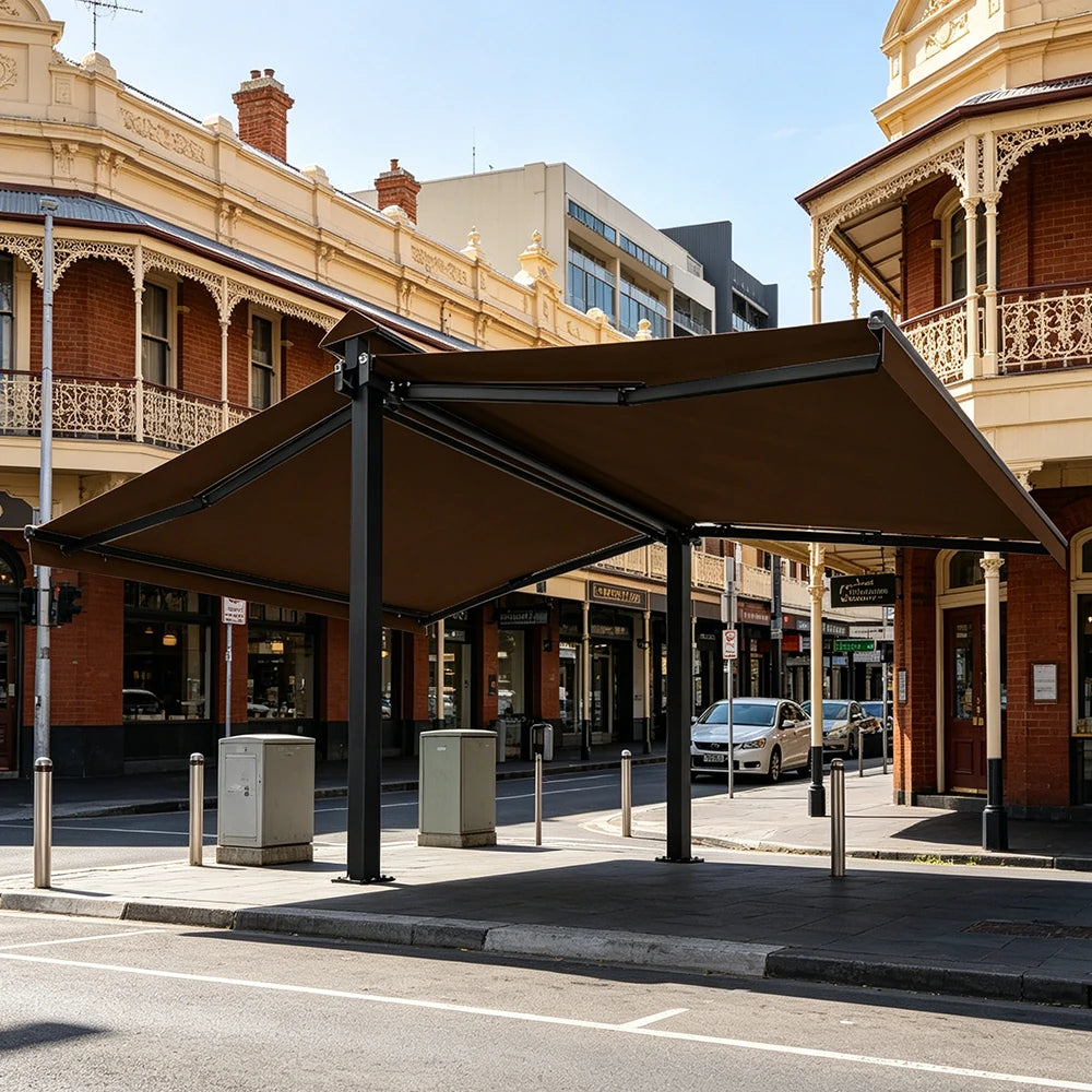 SOLARA Double Folding Awning Large Shade Waterproof Aluminium Frame 300/400/500cm Patio Cafe Backyard Use - Brown