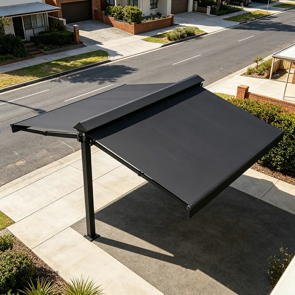 SOLARA Double Folding Awning Large Shade Waterproof Aluminium Frame 300/400/500cm Patio Cafe Backyard Use - Dark Grey