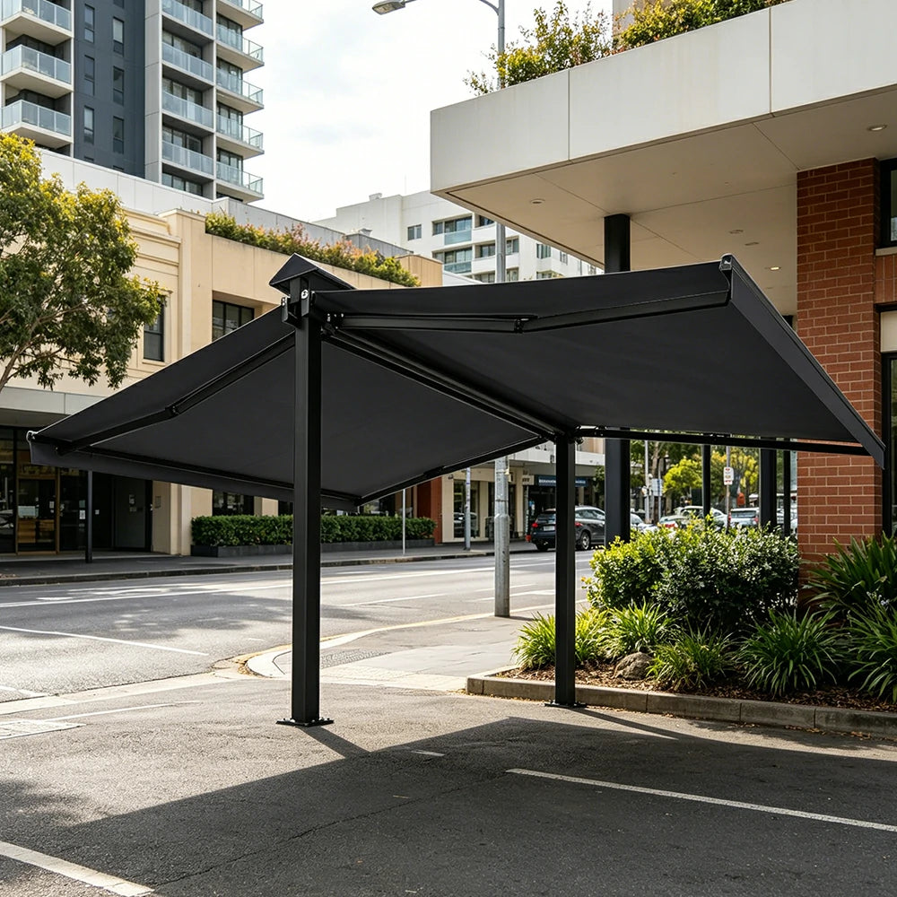 SOLARA Double Folding Awning Large Shade Waterproof Aluminium Frame 300/400/500cm Patio Cafe Backyard Use - Dark Grey