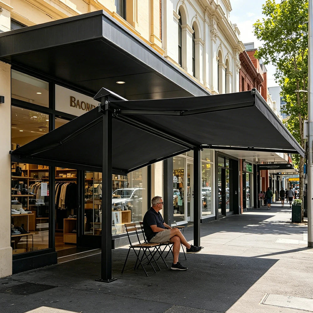 SOLARA Double Folding Awning Large Shade Waterproof Aluminium Frame 300/400/500cm Patio Cafe Backyard Use - Dark Grey