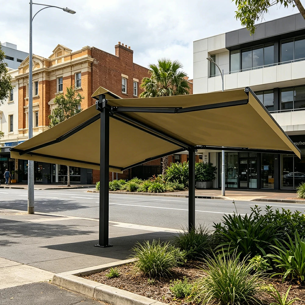 SOLARA Double Folding Awning Large Shade Waterproof Aluminium Frame 300/400/500cm Patio Cafe Backyard Use - Khaki