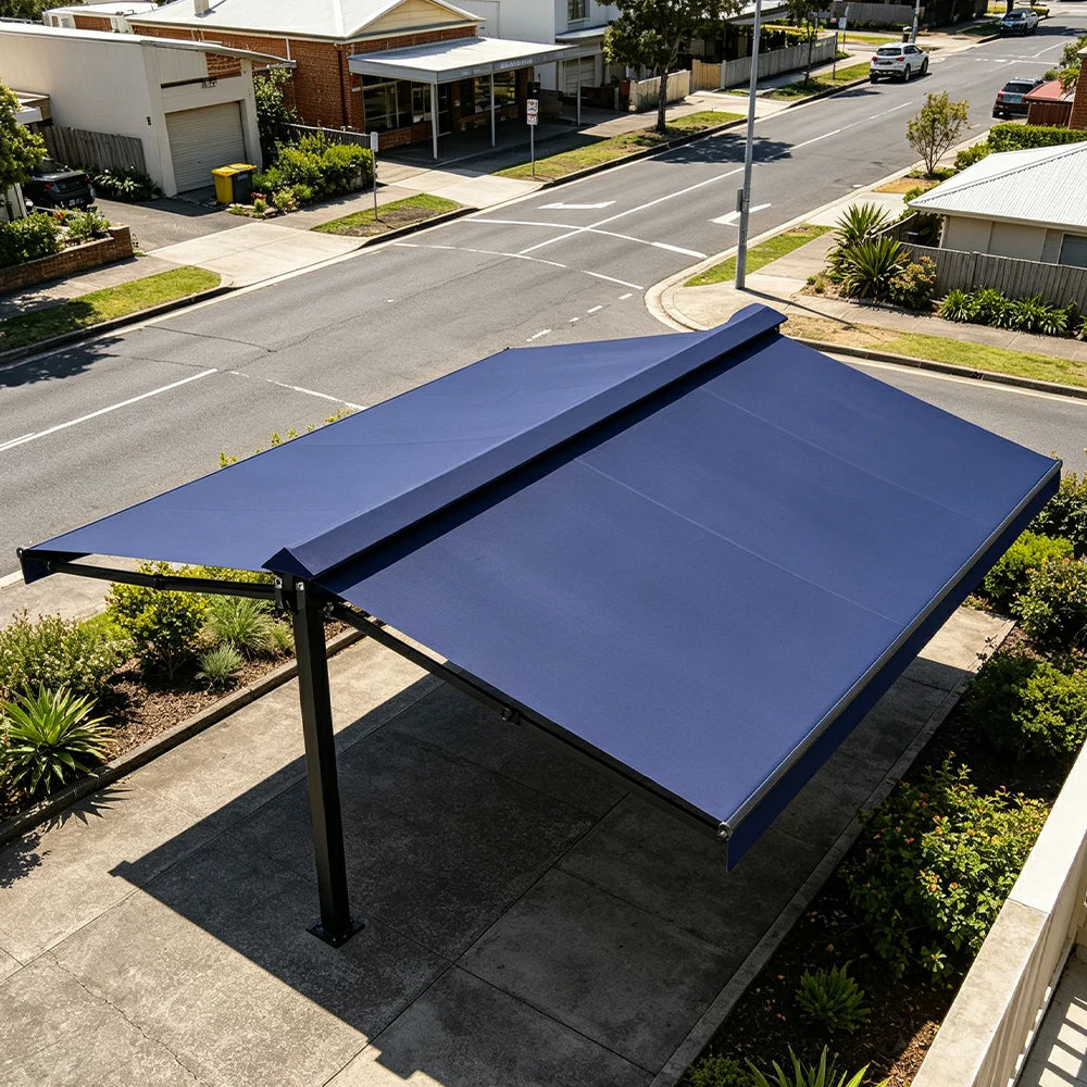 SOLARA Double Folding Awning Large Shade Waterproof Aluminium Frame 300/400/500cm Patio Cafe Backyard Use - Dark Blue