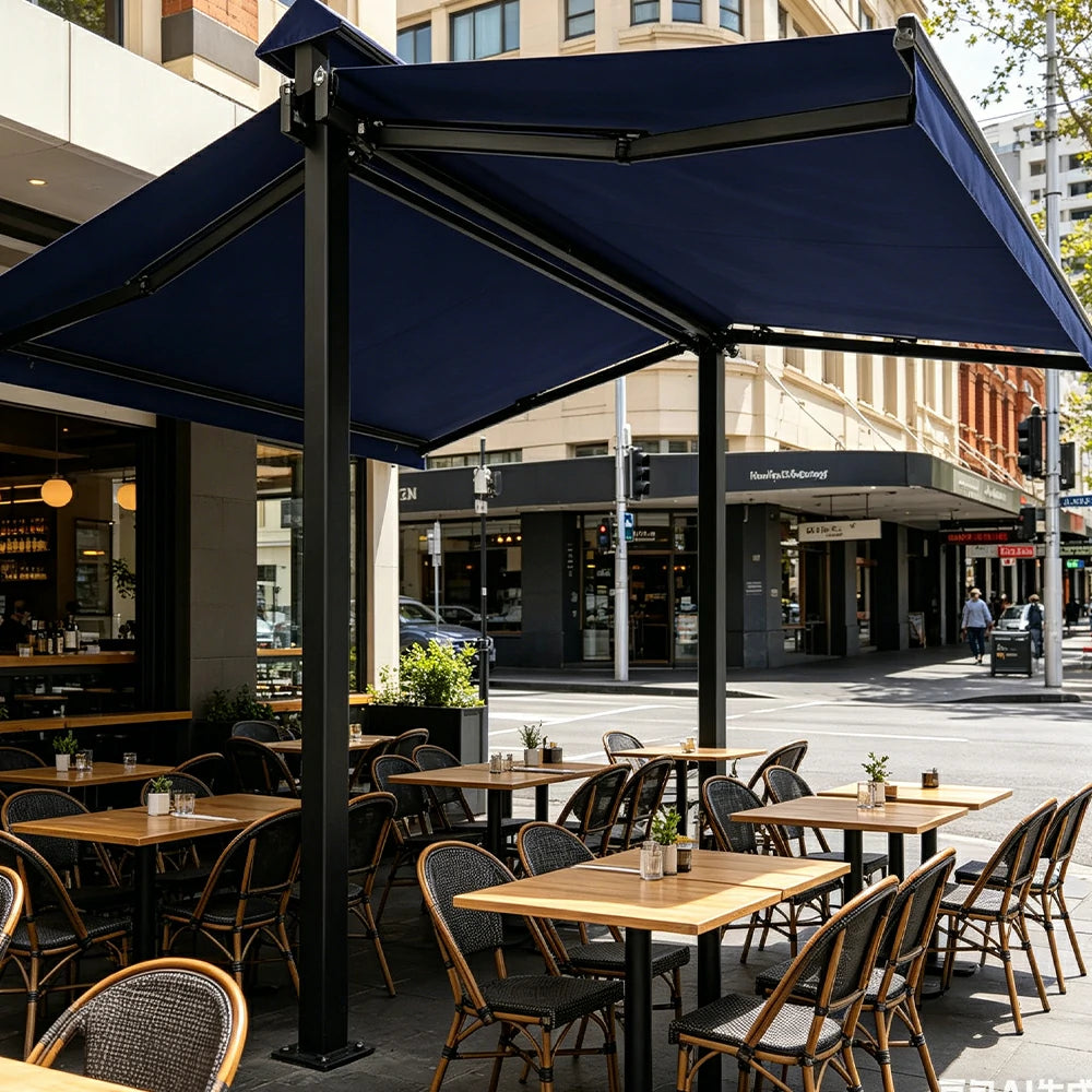 SOLARA Double Folding Awning Large Shade Waterproof Aluminium Frame 300/400/500cm Patio Cafe Backyard Use - Dark Blue