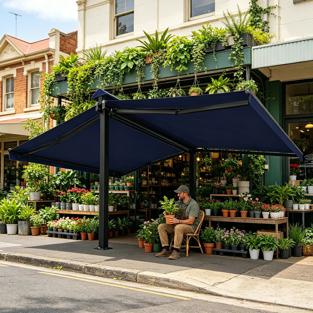 SOLARA Double Folding Awning Large Shade Waterproof Aluminium Frame 300/400/500cm Patio Cafe Backyard Use - Dark Blue