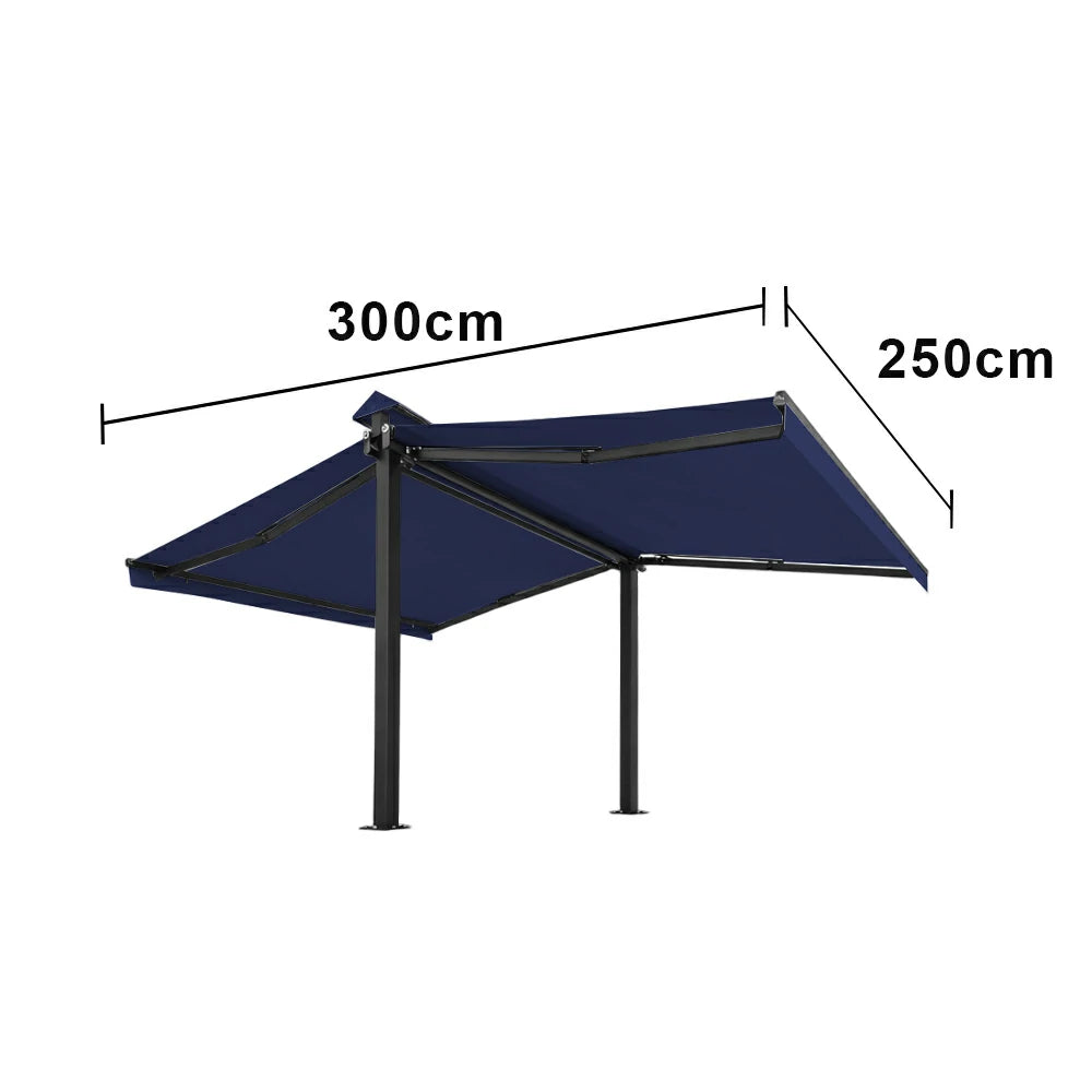 SOLARA Double Folding Awning Large Shade Waterproof Aluminium Frame 300/400/500cm Patio Cafe Backyard Use - Dark Blue