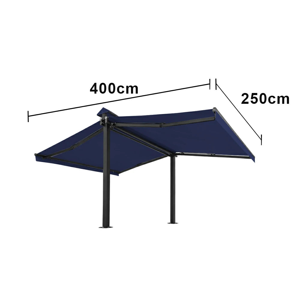 SOLARA Double Folding Awning Large Shade Waterproof Aluminium Frame 300/400/500cm Patio Cafe Backyard Use - Dark Blue