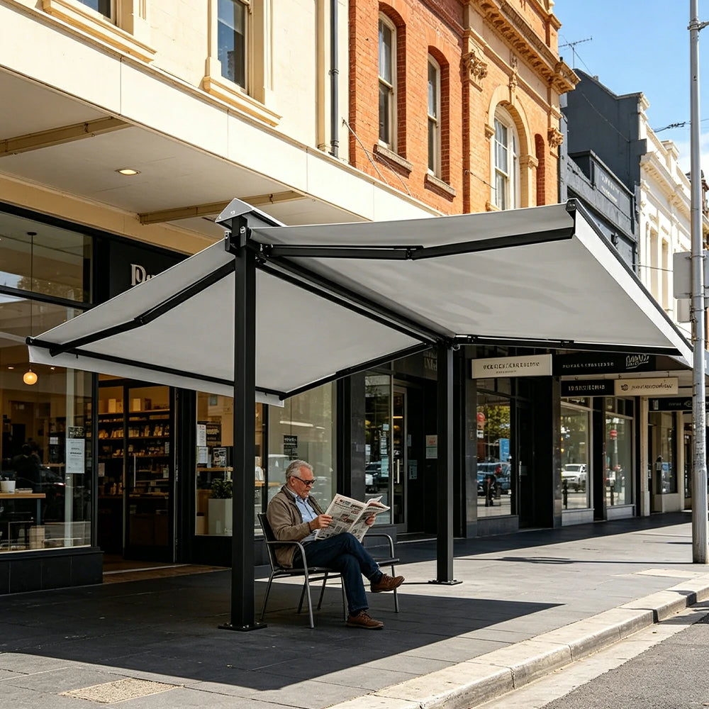 SOLARA Double Folding Awning Large Shade Waterproof Aluminium Frame 300/400/500cm Patio Cafe Backyard Use - White