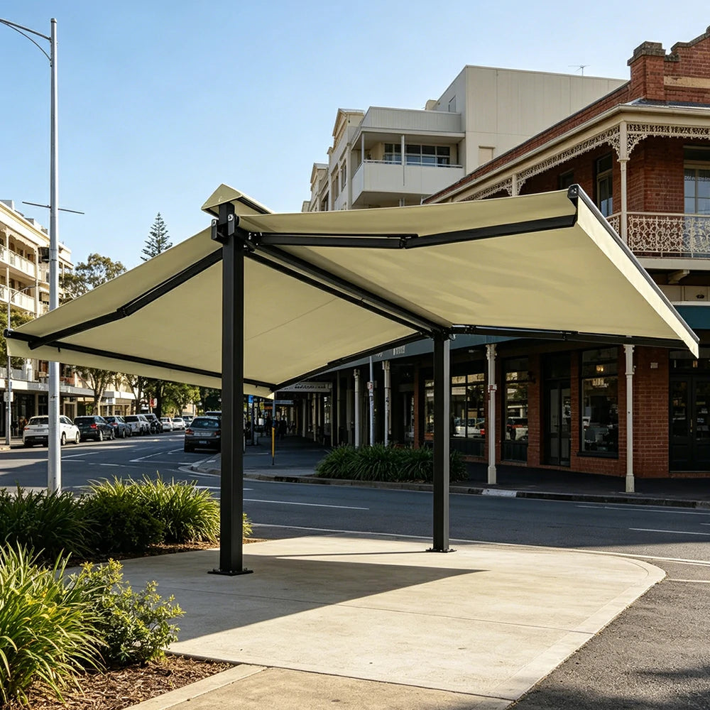 SOLARA Double Folding Awning Large Shade Waterproof Aluminium Frame 300/400/500cm Patio Cafe Backyard Use - Beige