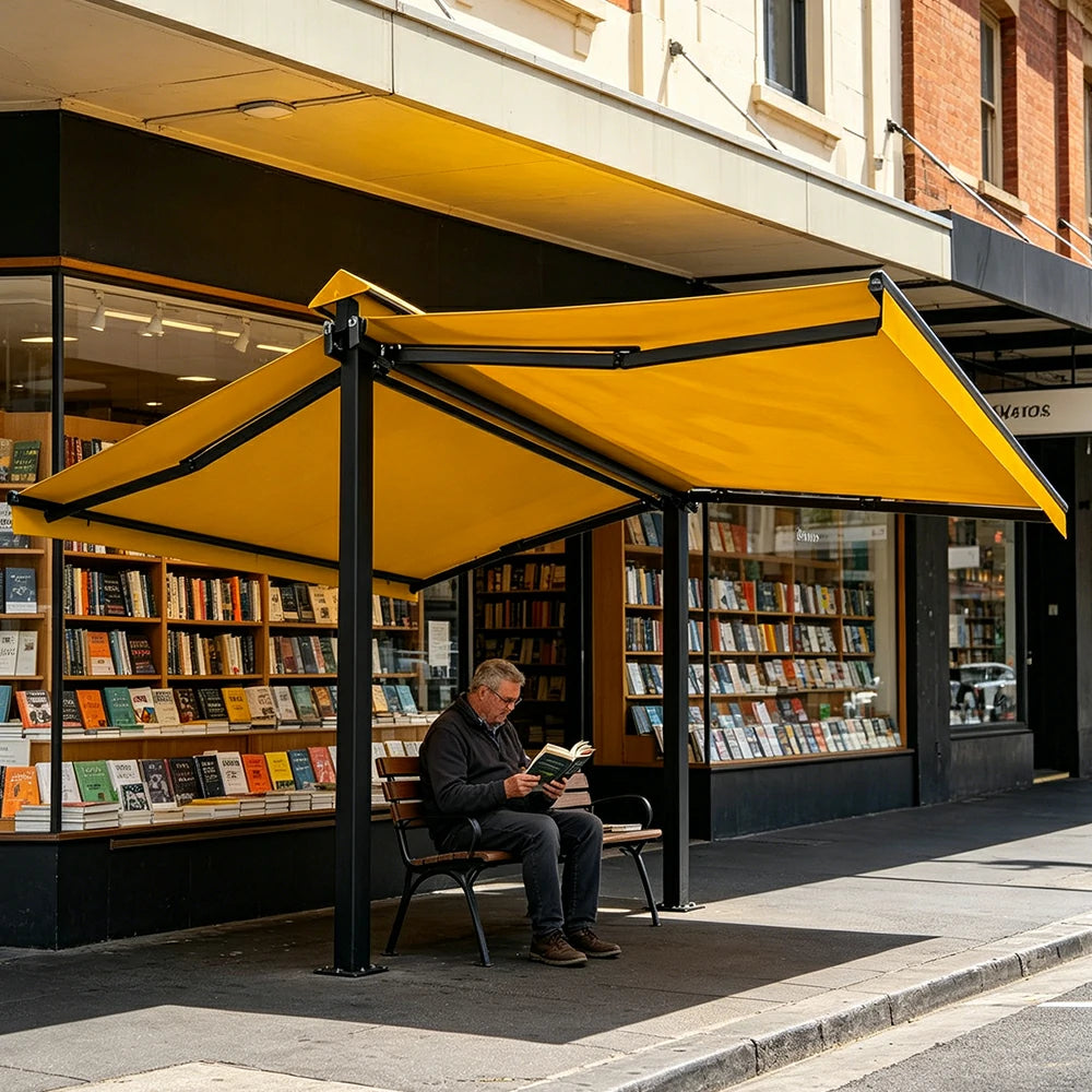 SOLARA Double Folding Awning Large Shade Waterproof Aluminium Frame 300/400/500cm Patio Cafe Backyard Use - Yellow