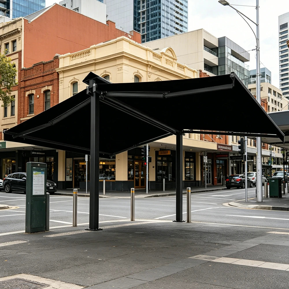 SOLARA Double Folding Awning Large Shade Waterproof Aluminium Frame 300/400/500cm Patio Cafe Backyard Use - Black