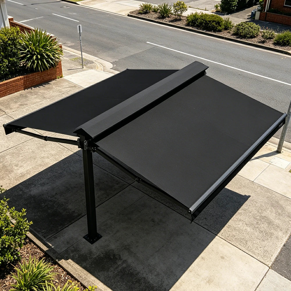 SOLARA Double Folding Awning Large Shade Waterproof Aluminium Frame 300/400/500cm Patio Cafe Backyard Use - Black