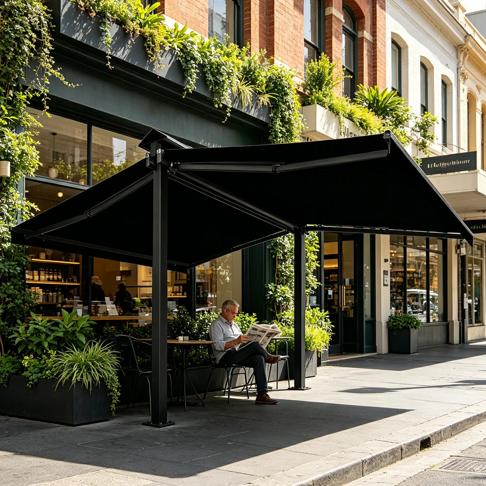 SOLARA Double Folding Awning Large Shade Waterproof Aluminium Frame 300/400/500cm Patio Cafe Backyard Use - Black