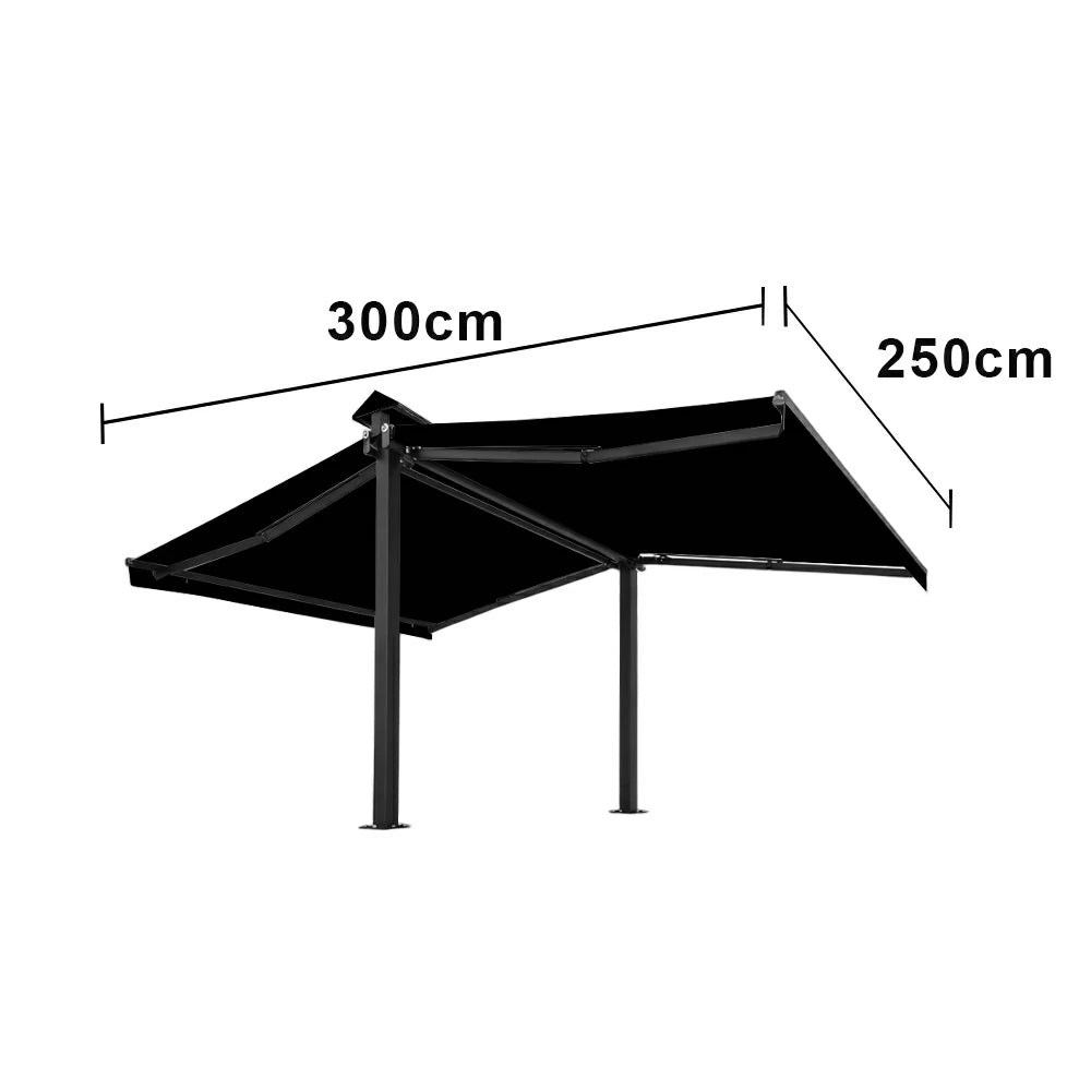 SOLARA Double Folding Awning Large Shade Waterproof Aluminium Frame 300/400/500cm Patio Cafe Backyard Use - Black