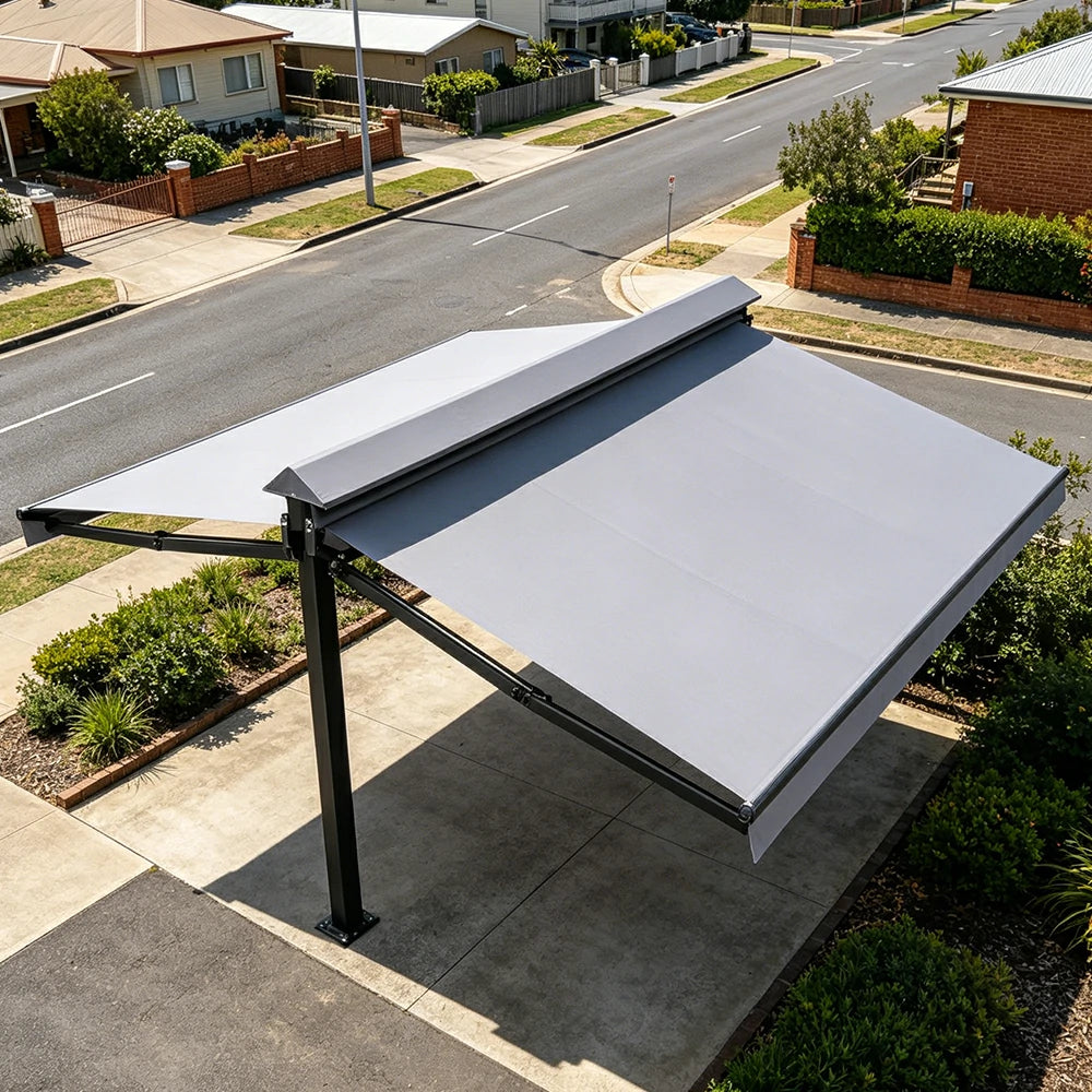 SOLARA Double Folding Awning Large Shade Waterproof Aluminium Frame 300/400/500cm Patio Cafe Backyard Use - Light Grey