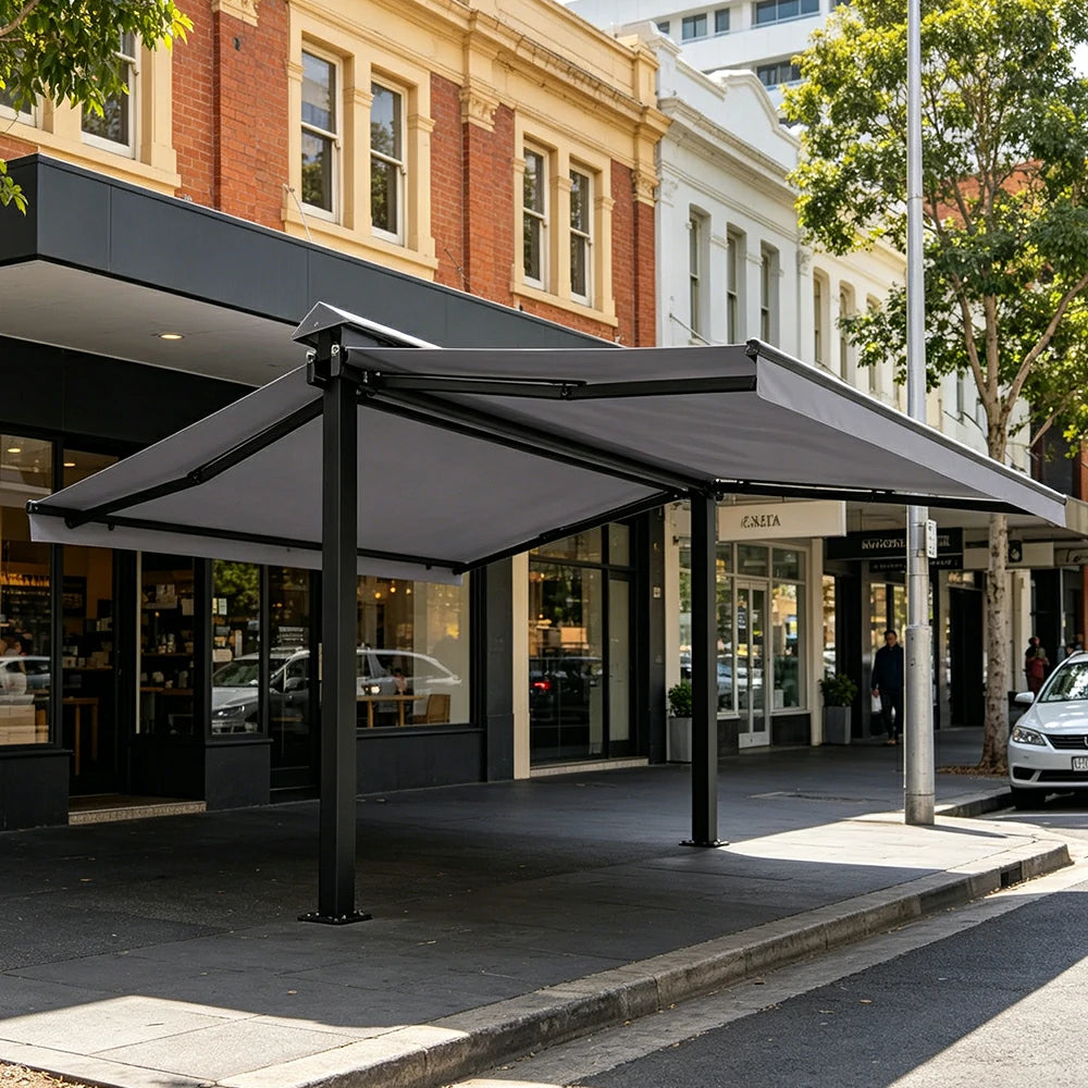 SOLARA Double Folding Awning Large Shade Waterproof Aluminium Frame 300/400/500cm Patio Cafe Backyard Use - Light Grey