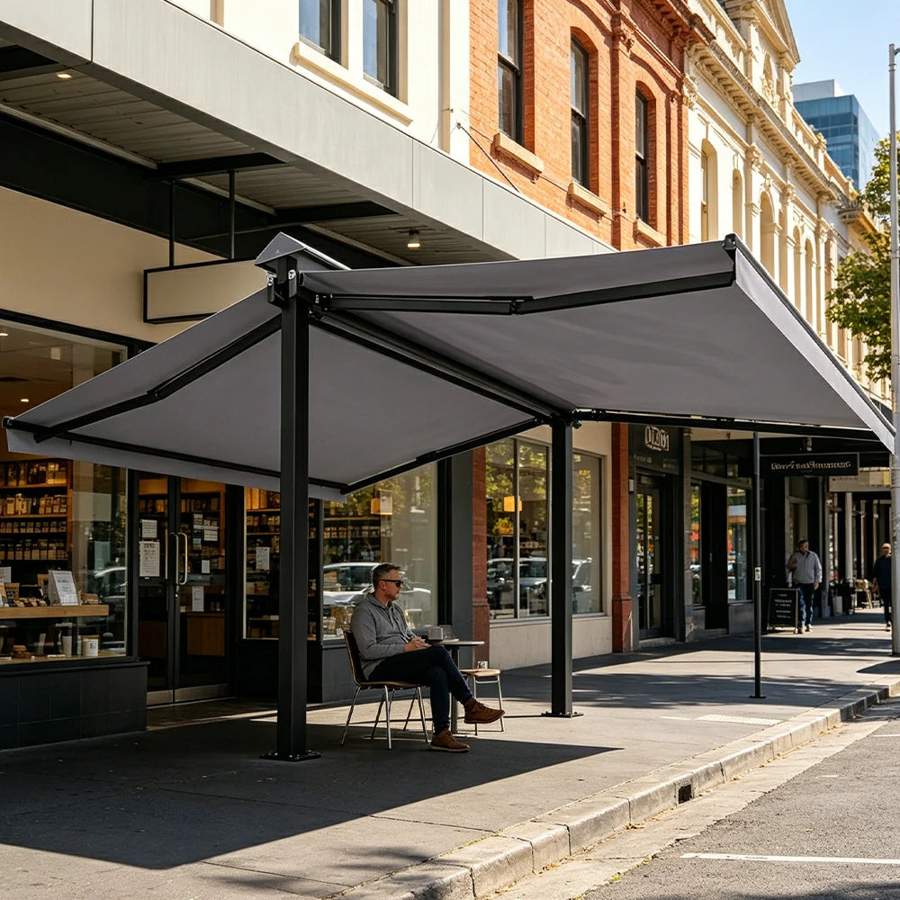 SOLARA Double Folding Awning Large Shade Waterproof Aluminium Frame 300/400/500cm Patio Cafe Backyard Use - Light Grey