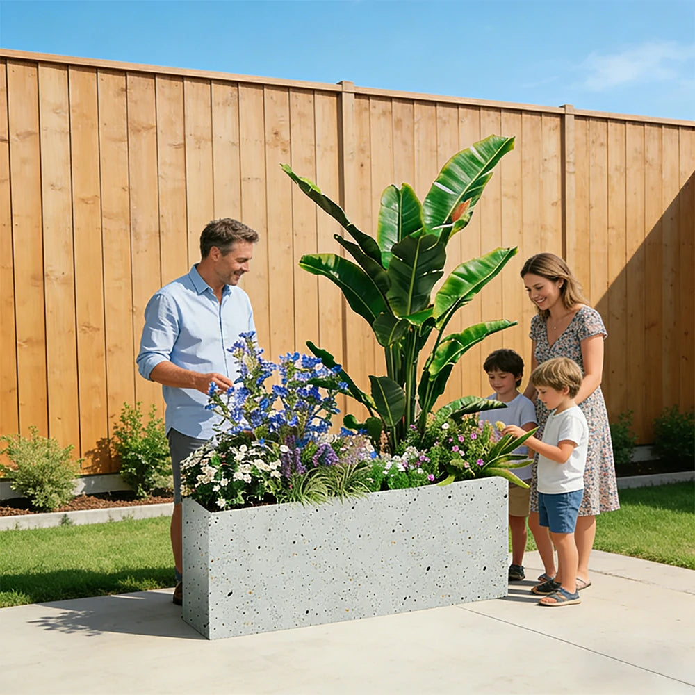 SOLARA Terrazzo Planter Box Galvanised Steel Weather Resistant 100/120/150cm Patio Cafe Garden Divider - Grey