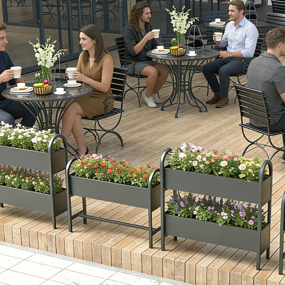 SOLARA Outdoor Planter Box Double Layer Lightweight Galvanised Steel Modular Design 100/120cm Patio Balcony Cafe Use - Black