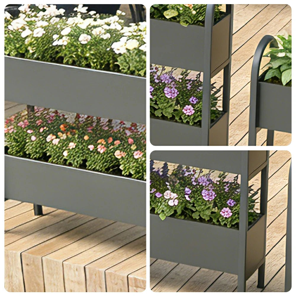 SOLARA Outdoor Planter Box Double Layer Lightweight Galvanised Steel Modular Design 100/120cm Patio Balcony Cafe Use - Black