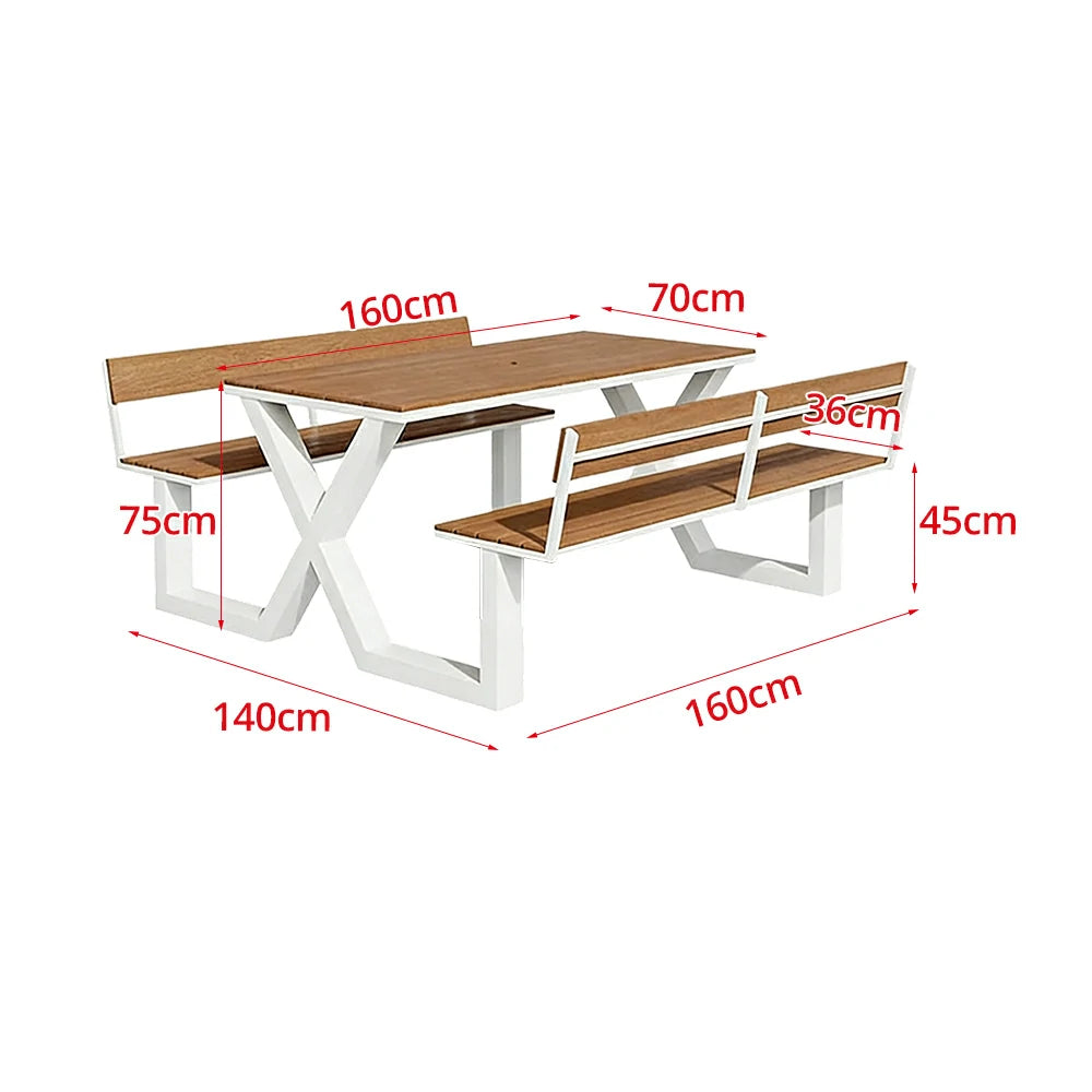 SOLARA Outdoor Table and Bench Set Backrest Design Heavy Duty Steel Frame 120/160/200cm Patio Garden Dining Set No Umbrella - White