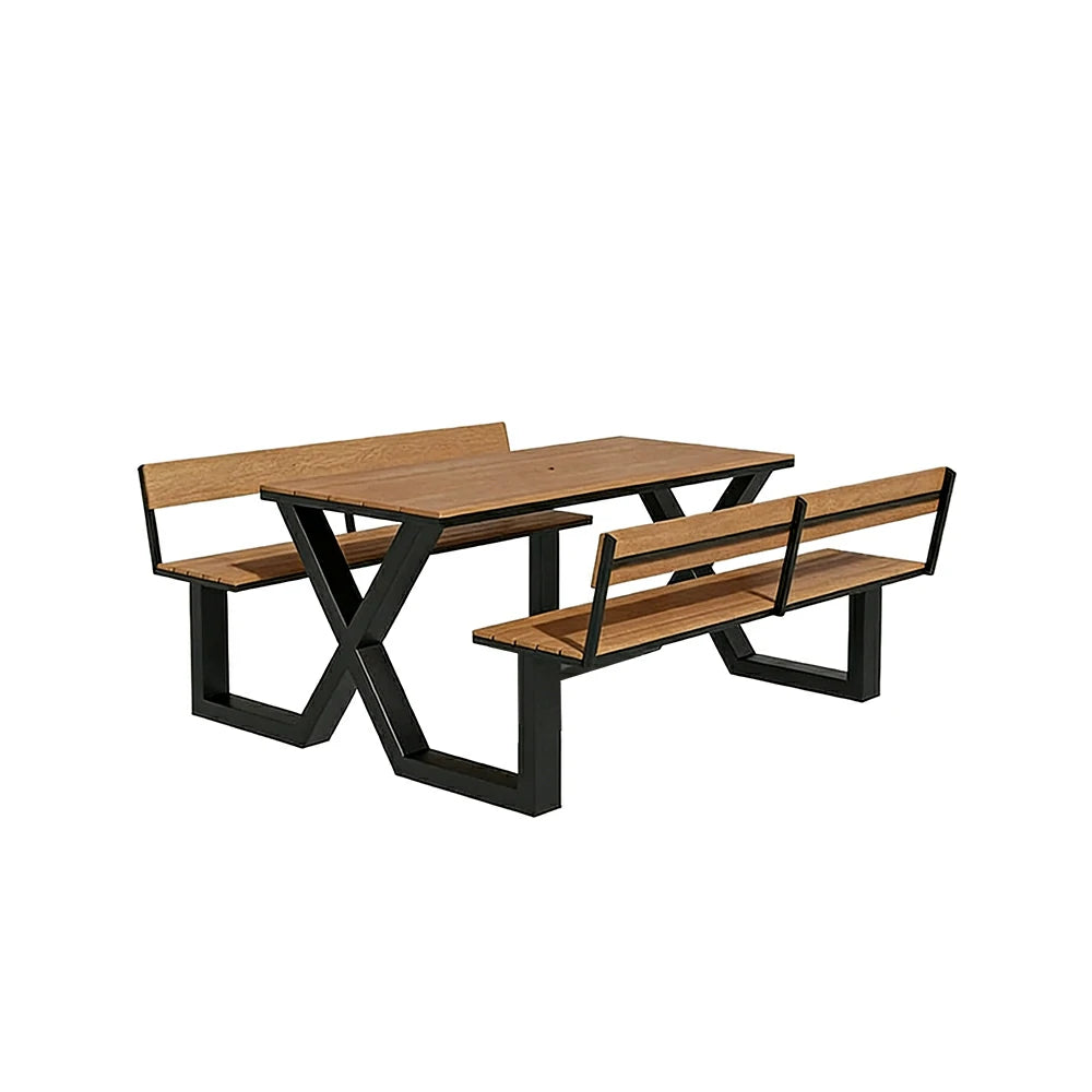 SOLARA Outdoor Table and Bench Set Backrest Design Heavy Duty Steel Frame 120/160/200cm Patio Garden Dining Set No Umbrella - Black