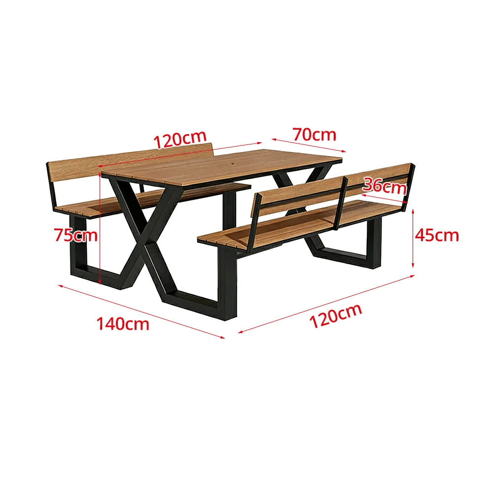 SOLARA Outdoor Table and Bench Set Backrest Design Heavy Duty Steel Frame 120/160/200cm Patio Garden Dining Set No Umbrella - Black